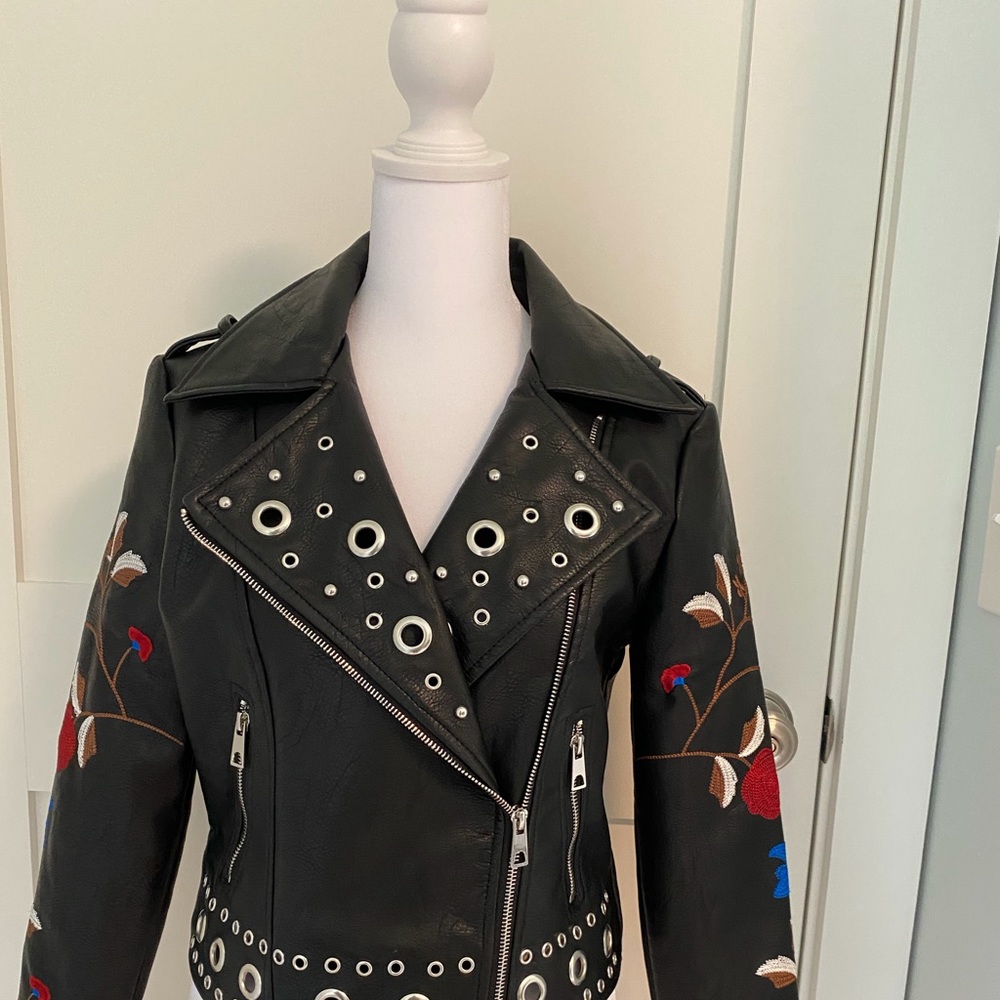 Vegan Leather Jacket with Embroidery and Rivets